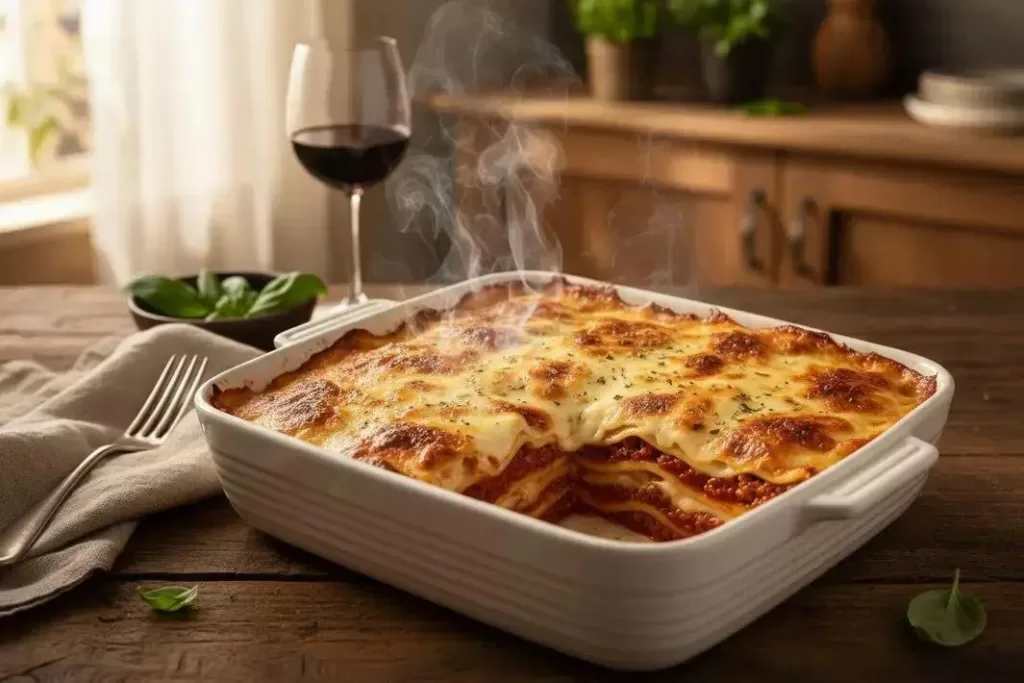 Foto de Lasanha à Bolonhesa pronto para servir - receita completa com ingredientes e modo de preparo