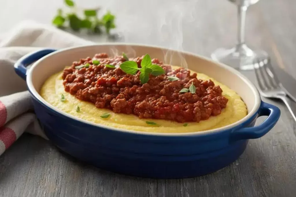 Polenta Cremosa - Polenta Cremosa com Molho de Carne Cremoso