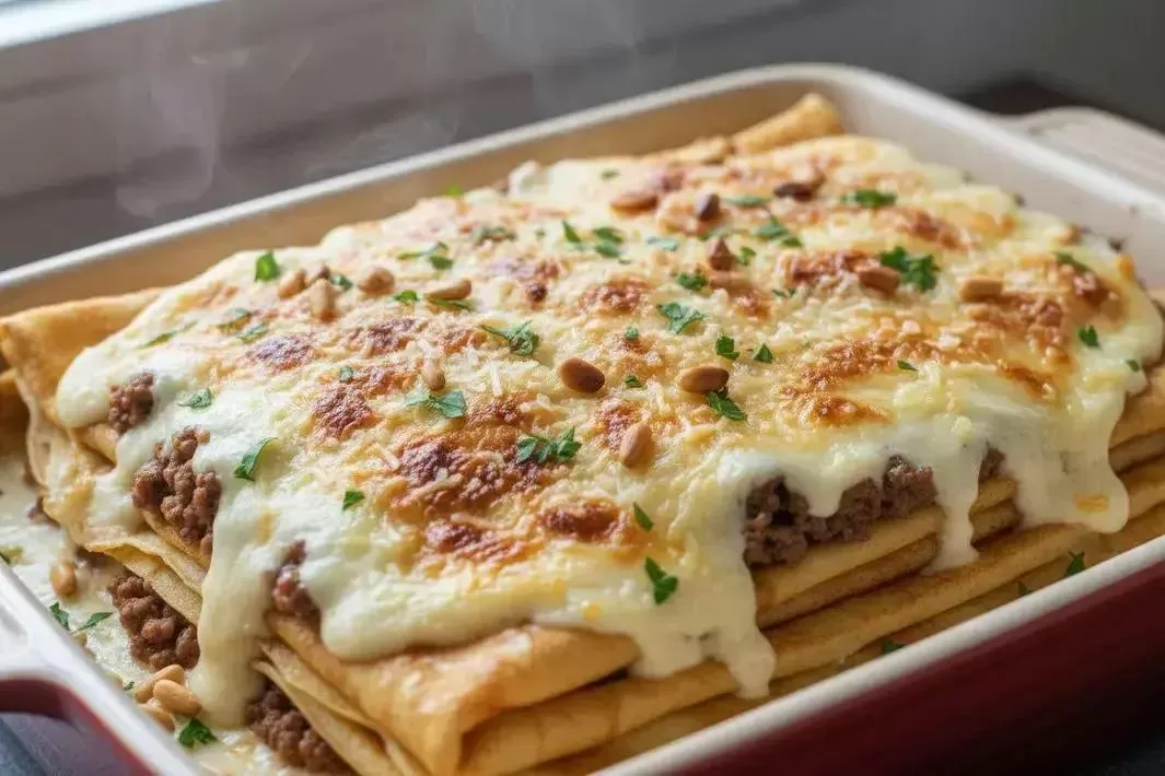 Panqueca de carne com molho branco - Panqueca de Carne com Molho Branco Cremosa e Gratinada